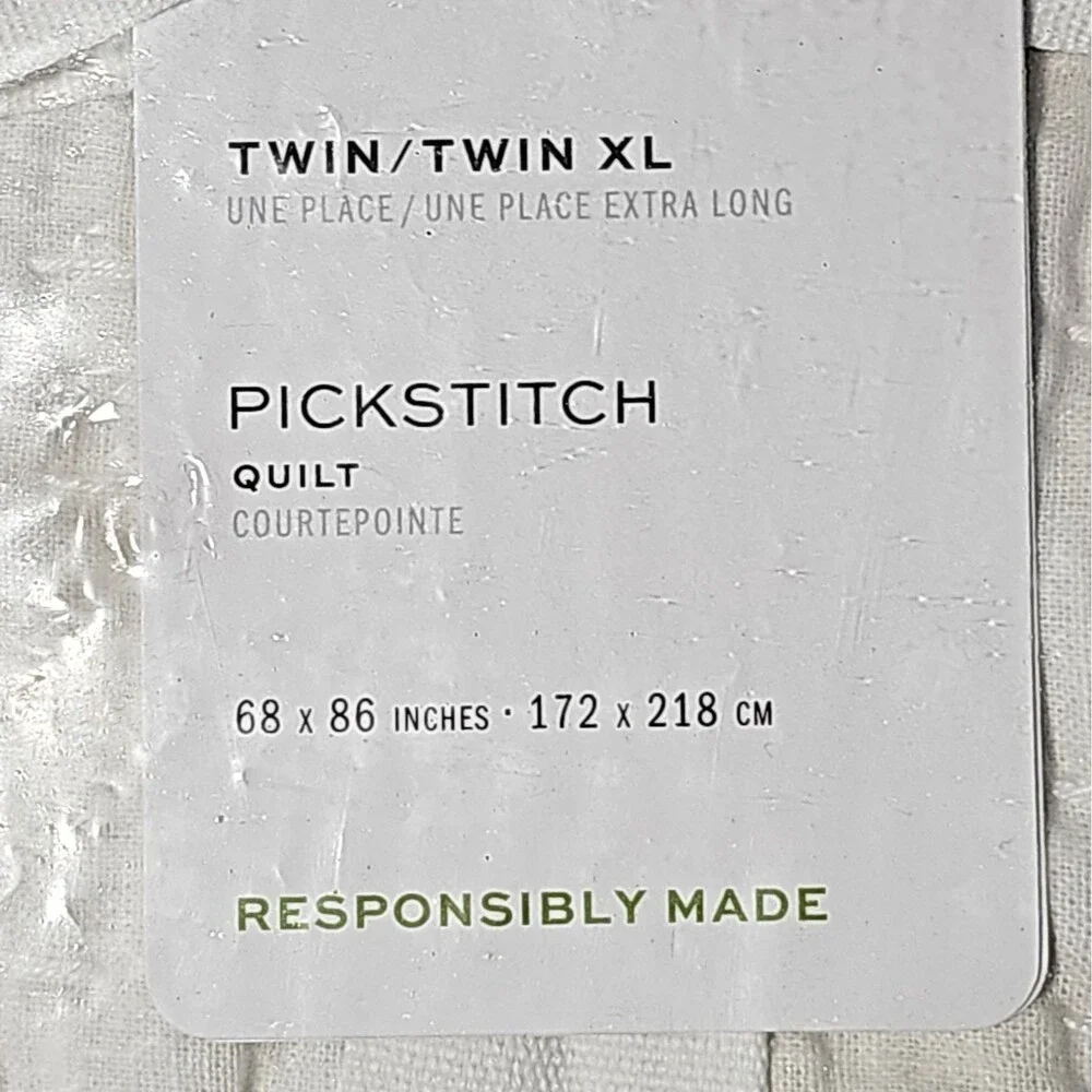 Pottery Barn Pick Stitch Handcrafted Cotton Linen Quilt Twin Twin XL Soft White